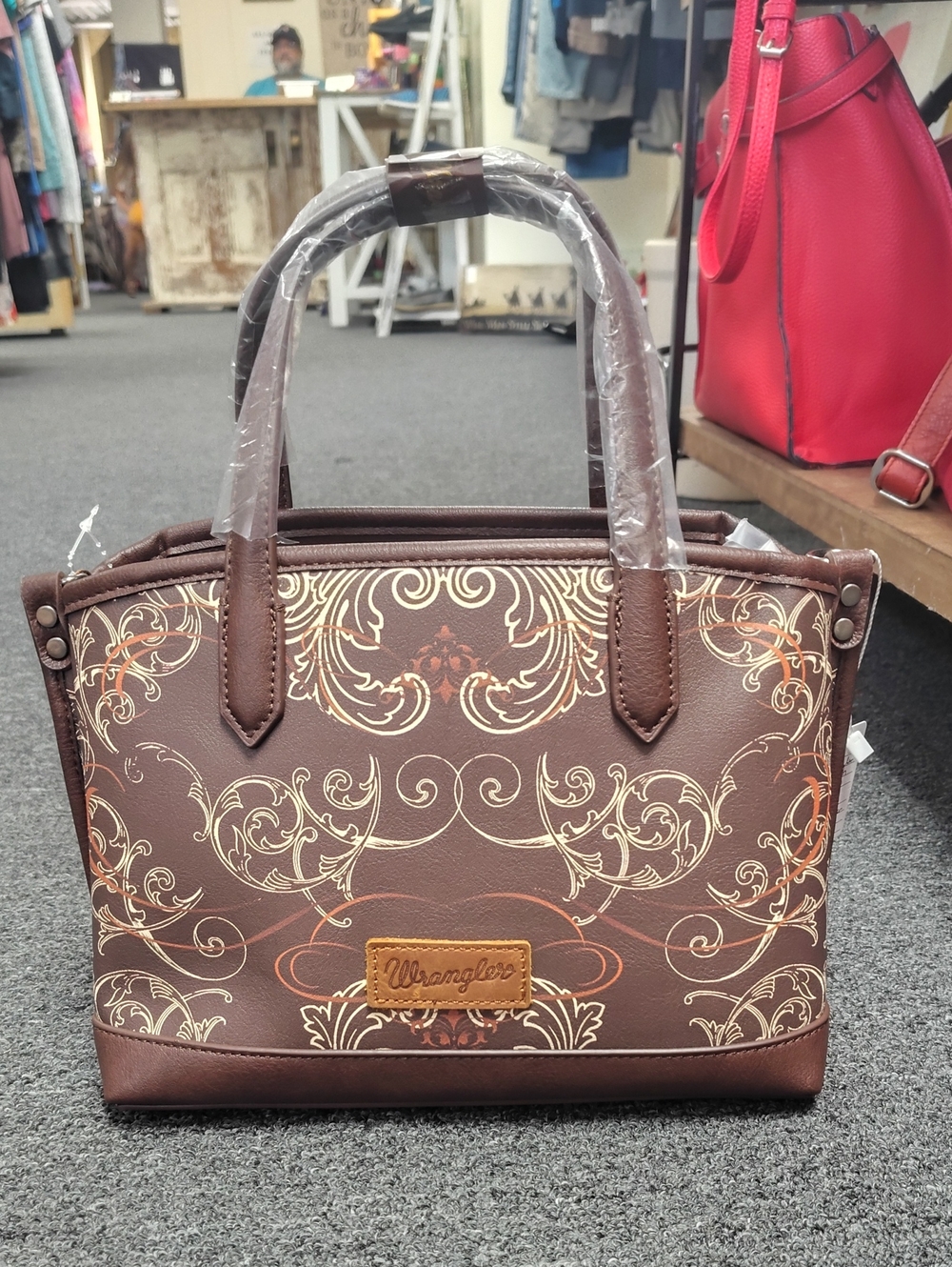 Wrangler Brown Tote with Gold and Cream Scrolls